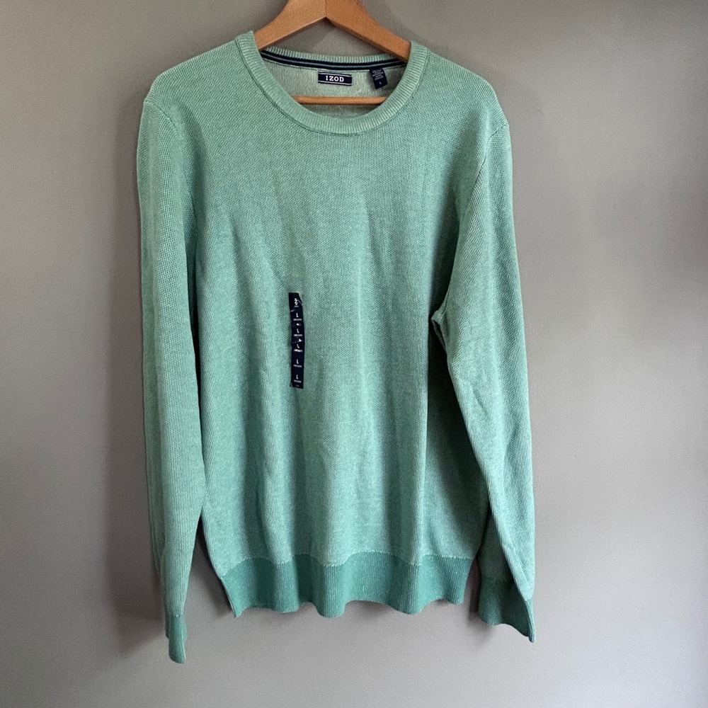 IZOD Mens Seafoam Green Waffle Knit Crewneck Sweater‎ Large Long Sleeve Pullover